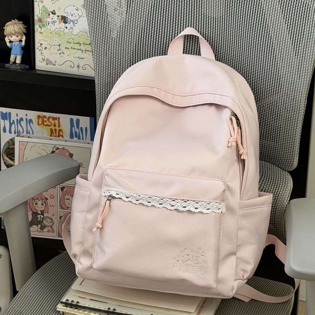 Schoolbag Korean version simple solid color backpack bag female niche design sweet lace large capacity versatile student schoolbag
