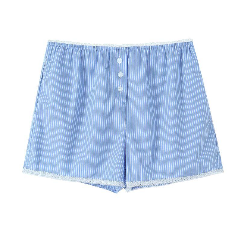 

Za Retro Style Stripe Bow Decoration Sling Top Casual Elastic Waist Shorts Loose Wide Leg Trousers Blue shorts L