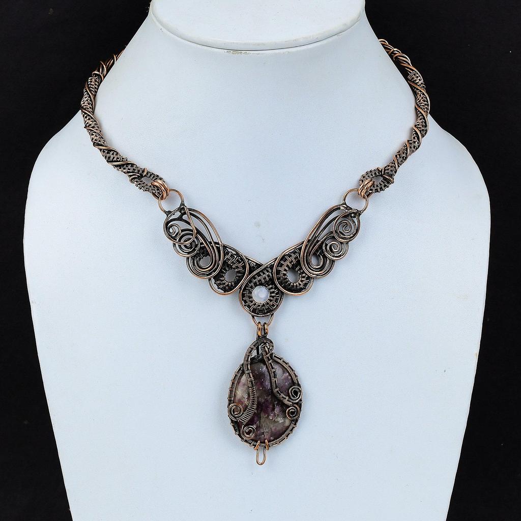 Collier Tourmaline Rose Collier Enveloppé de Fil de Cuivre Collier Pierre de Lune Arc-en-ciel Collier Pierre Précieuse Bijoux en Cuivre Faits Main Cadeau de Fiançailles