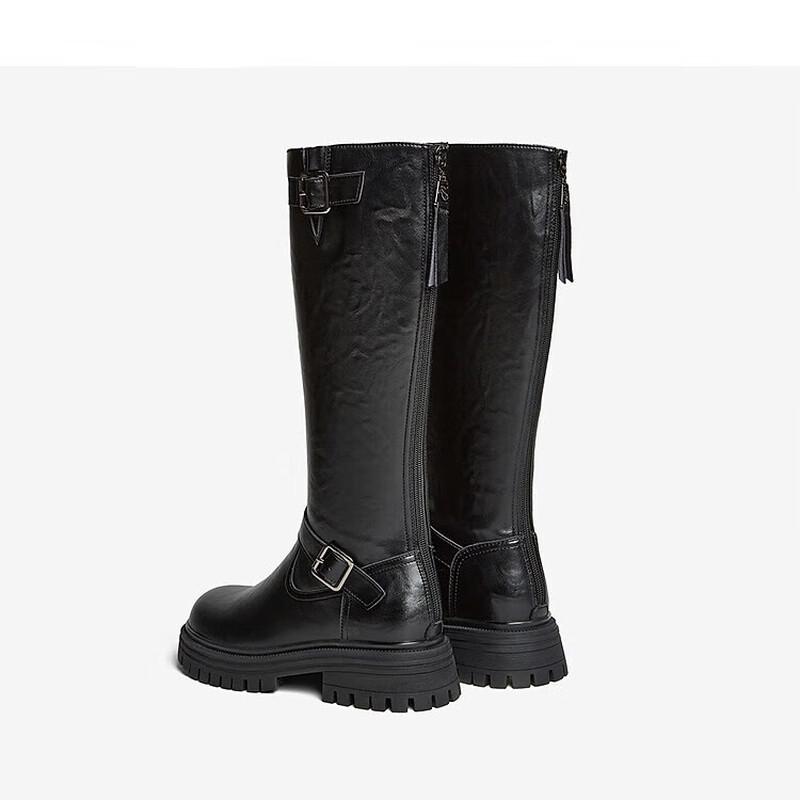 BASTO Women's Winter Fashion Thick-Sole Buckle Strap Knight Boots