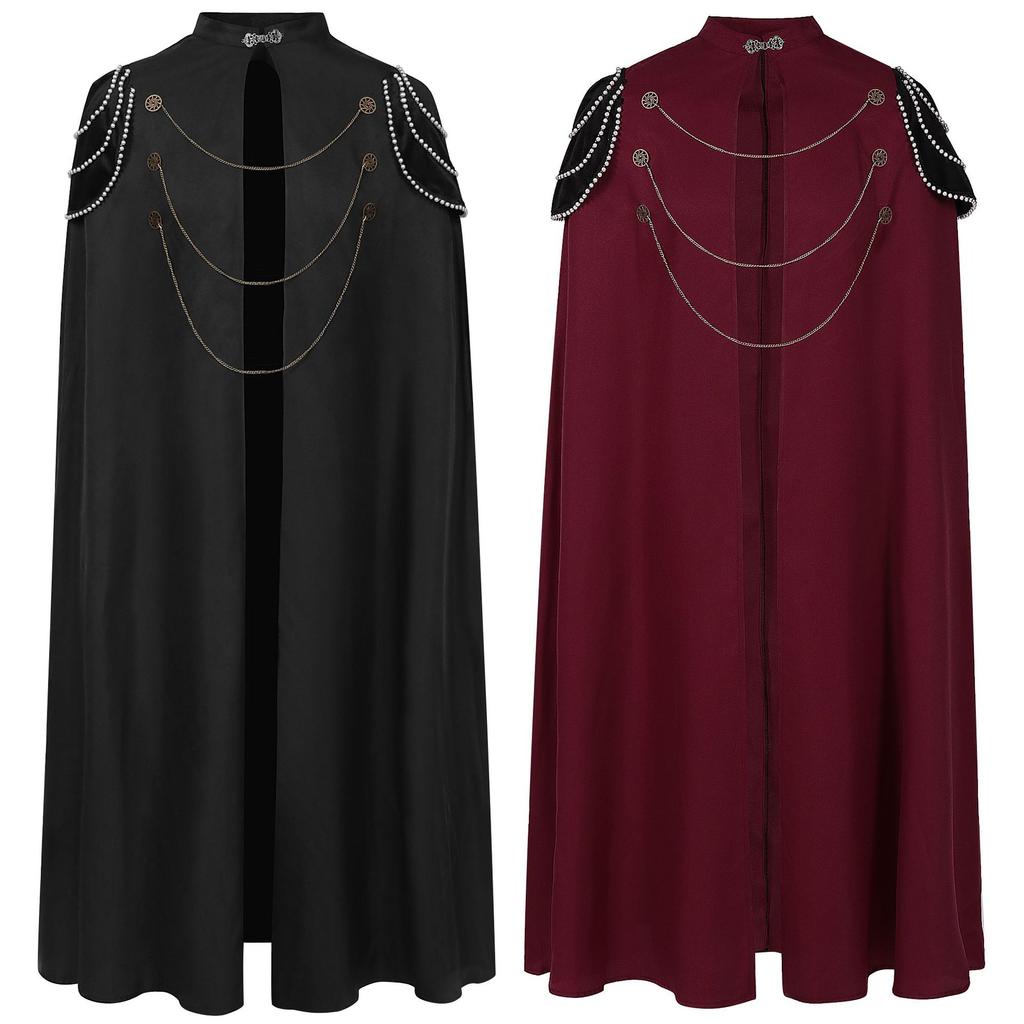 Medieval European Royal Cloak with Shoulder Pads, Men's and Women's Retro Bead Curtain, Gear Chain Hooded Cloak Performance Dres