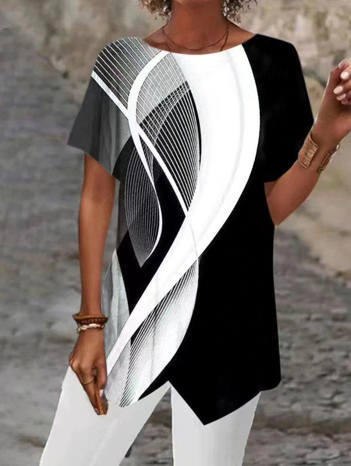 

women s Geometric Abstract Print Irregular Hem Short Sleeve Round Neck Loose Fit Casual Tunic Top T Shirt S