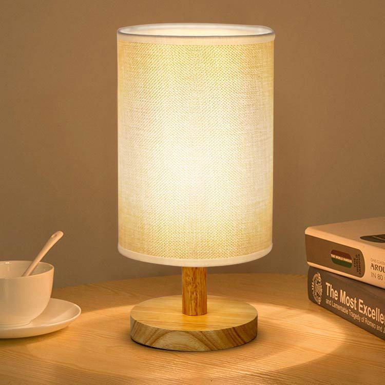 Nordic Solid Wood LED USB Table Lamp with Fabric Shade and Creative Decal - Ideal for Bedroom, Bedside, or Study.