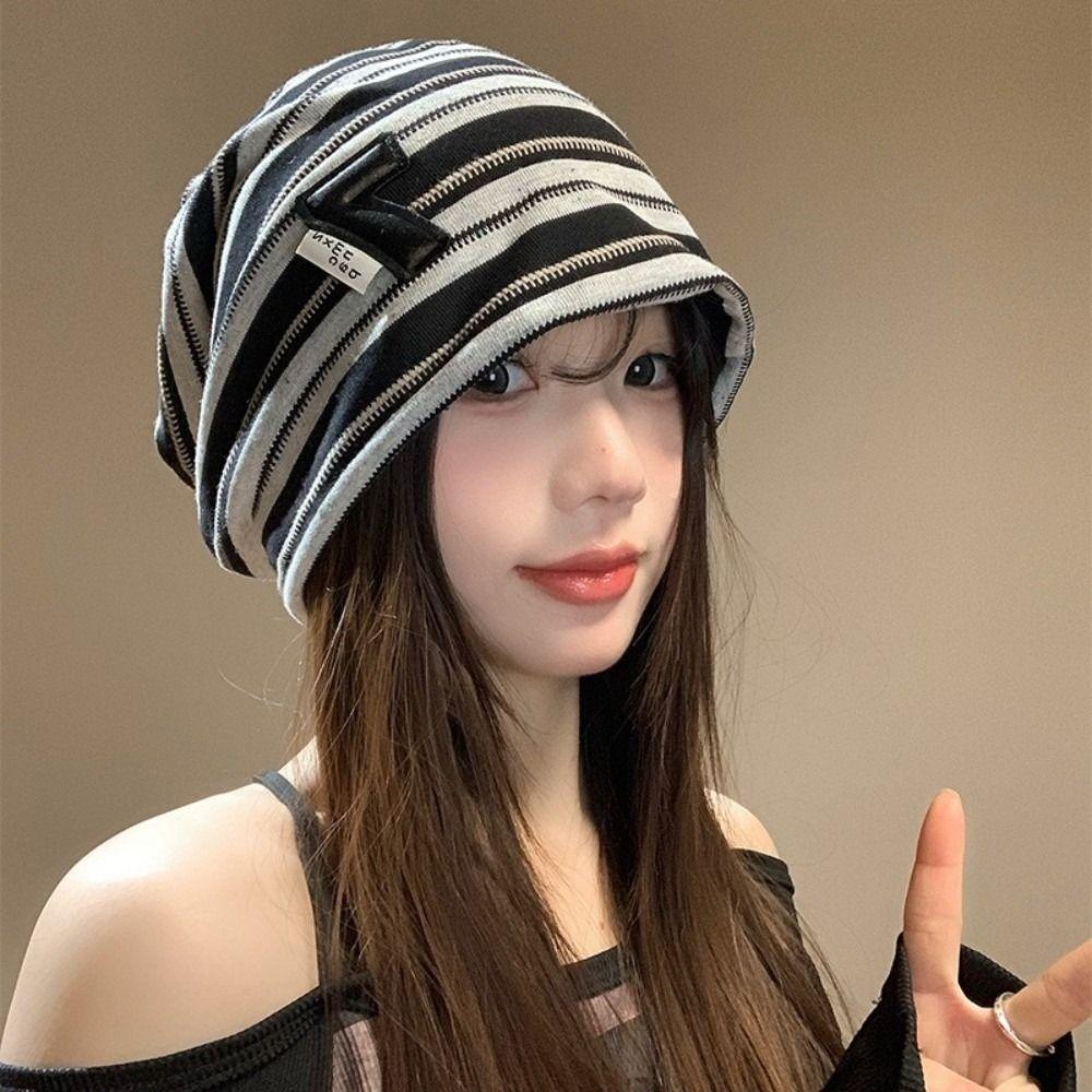 Korean Baggy Strip Hat Spring Autumn Beanie Hats Trendy Y2k Striped Cap  Streetwear