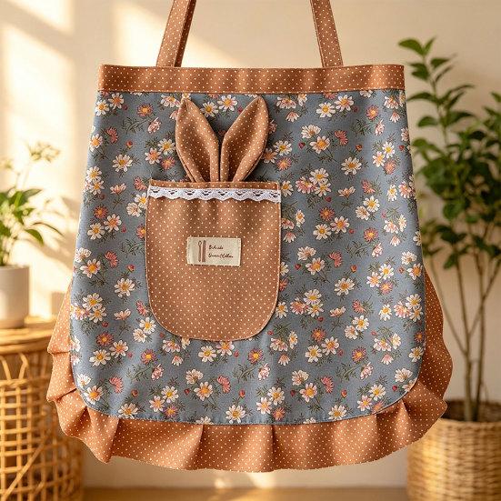 Bunny Ear Half Apron with Pockets Water-Resistant Waist Apron for Kitchen Gardening Adjustable Ties Cute Floral Print Cooking Apron