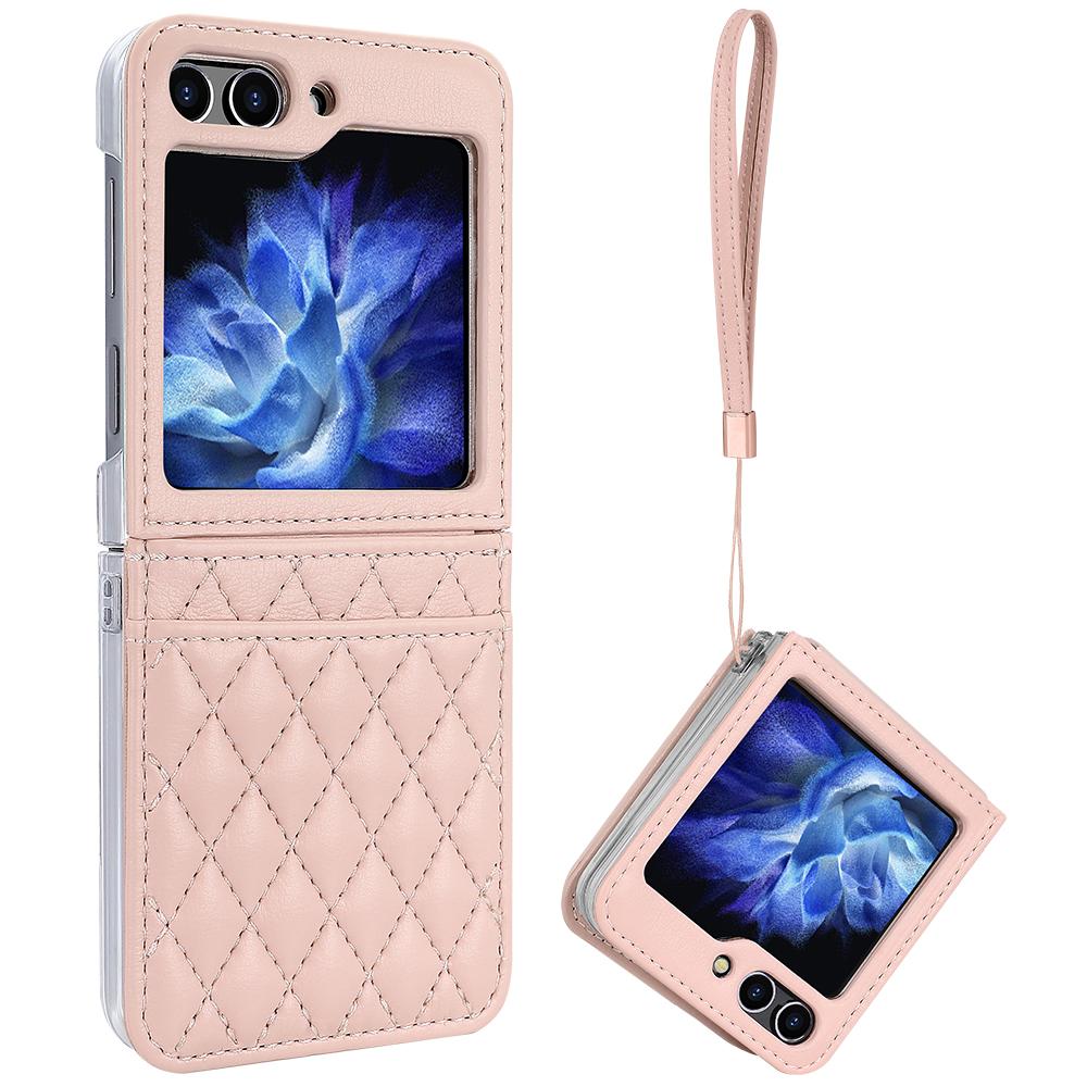 Premium Leather Z Flip 4 Case with Hand Strap and Card Slot for Samsung Galaxy Z Flip 4, Pink