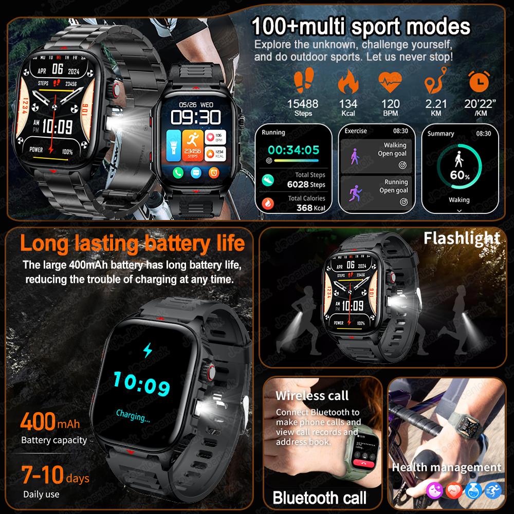 New Military Outdoor Smart Watch Men IP68 Waterproof LED Flashlight 400 mAh Battery Health Monitoring Bluetooth Call Smartwatch
