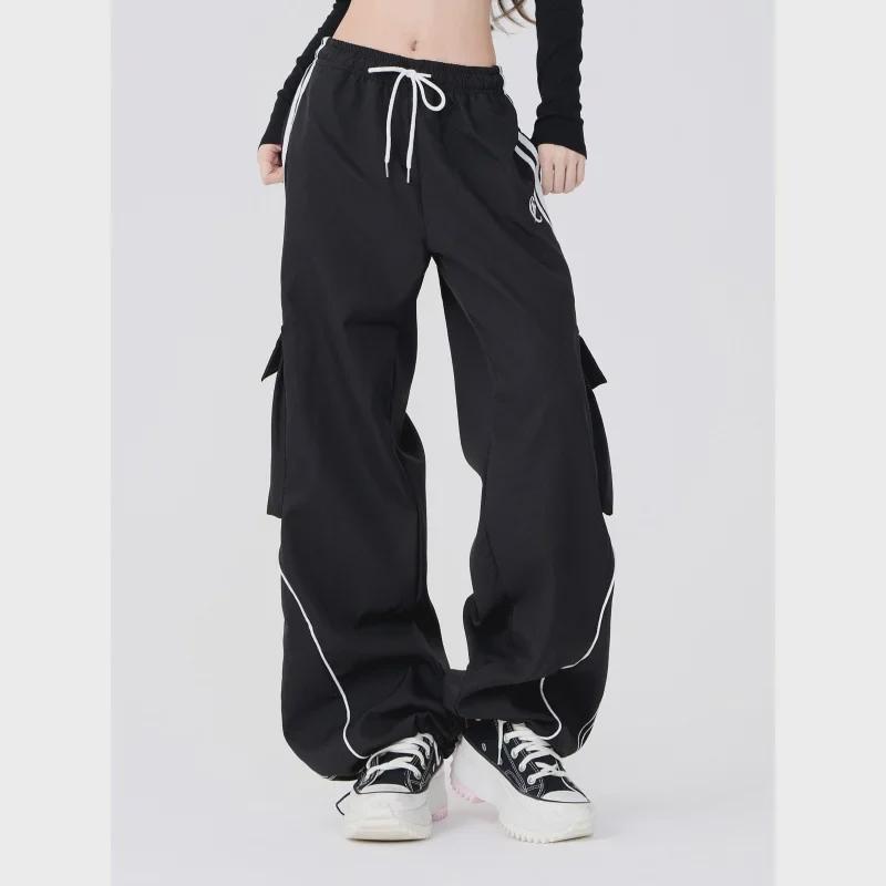 Pantalones deportivos negros de pierna ancha con cordón y bolsillos para mujer, ideales para bailar en la calle - Ropa informal de hip hop para primavera