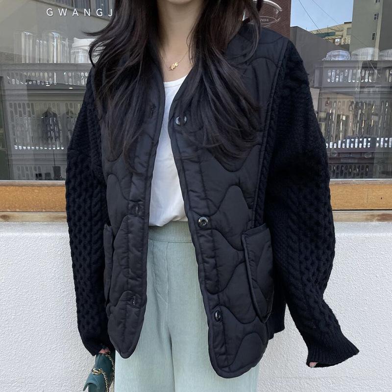 Zimowe swetry damskie patchworkowe płaszcze z guzikami watowanymi kurtki dzianinowe fałszywe dwuczęściowe luźne