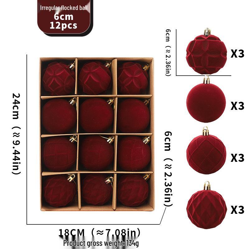 Christmas Flocked Velvet Balls, 6cm, 12-Piece Set - Irregular Plastic Tree Ornaments Red 6cm flocked irregular balls, 12 pcs