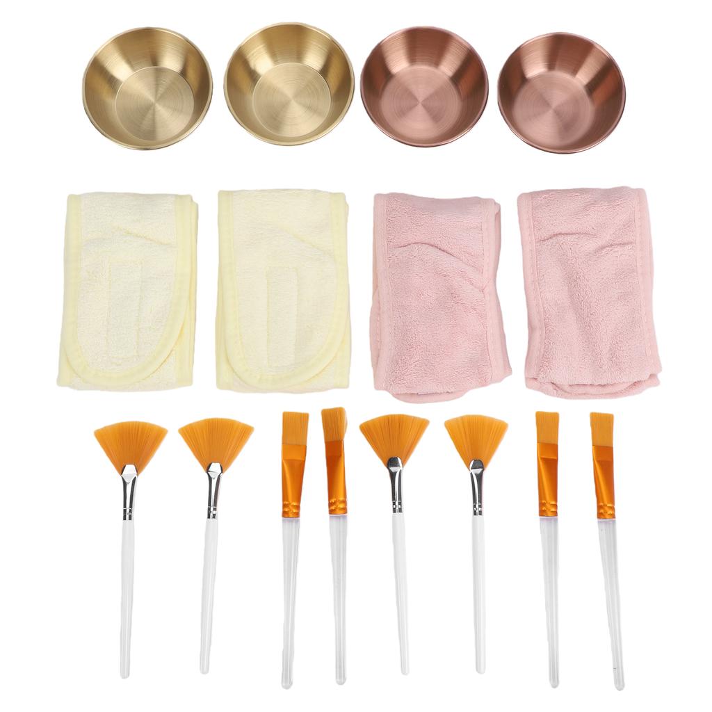 16-teiliges Gesichtsmasken-Mischschüssel-Set 4 Stück Edelstahl-Schüsseln Fächerpinsel Flachkopf-Pinsel Fleece-Stirnbänder Gold Silber