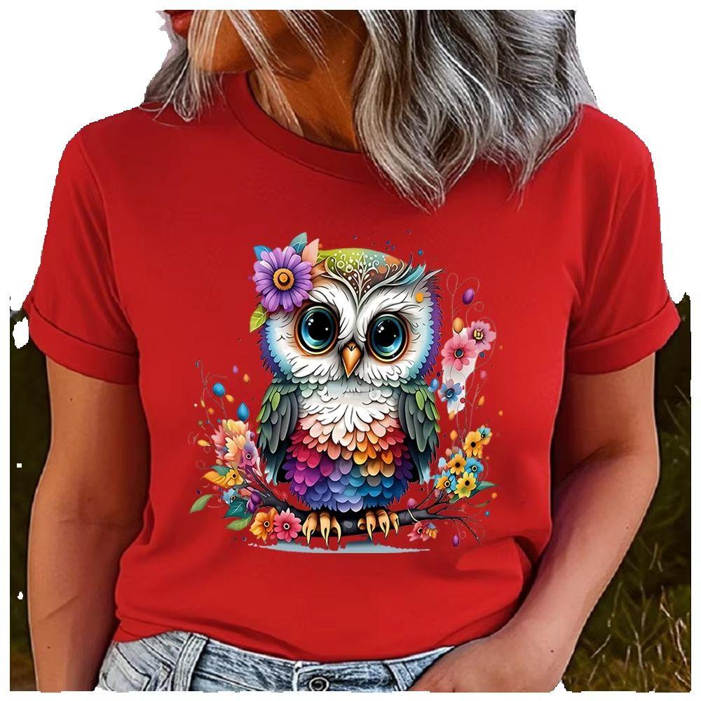 Damen Polyester 100% Bunter Eulenprint T-Shirt Lockerer Rundhalsausschnitt Lässig Kurzarm Mode Top Großhandel Kleidung Sommer