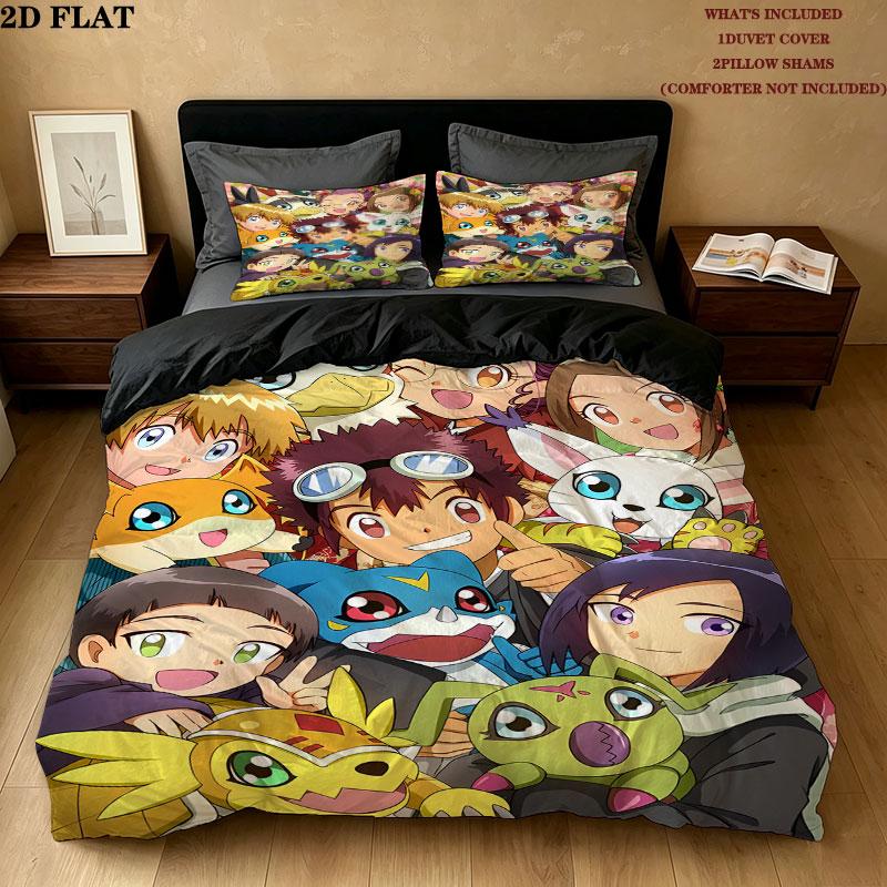 Digimon Adventure Pattern Bedding Quilt Set Quilt Cover Pillowcase Home Birthday Gift(1 * duvet cover + 2 * pillowcase, without core)