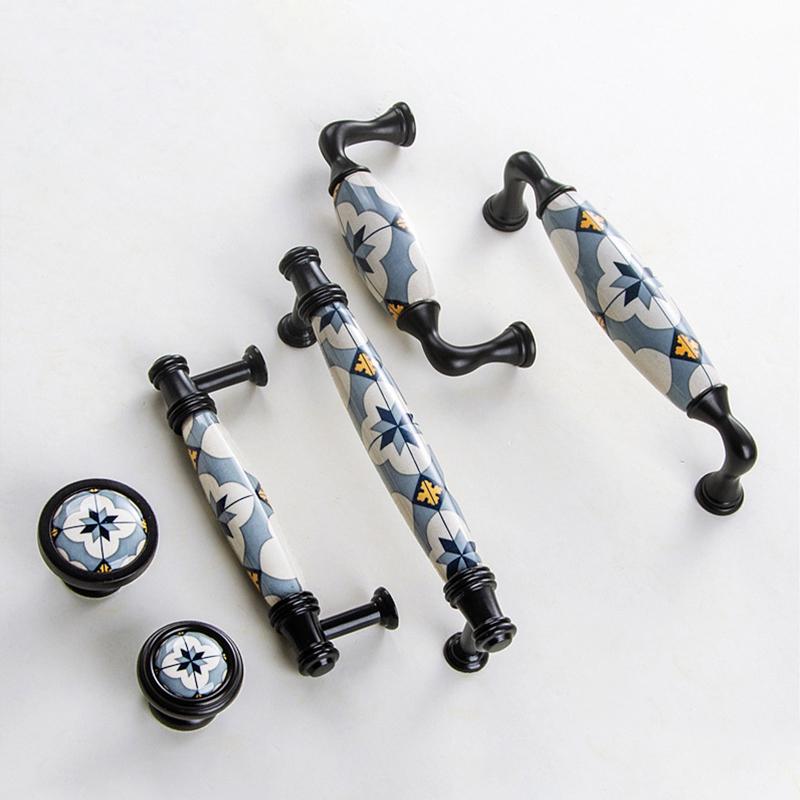 Nordic Style Blue Flower Ceramic Cabinet Pulls Non-slip Furniture Handles Knobs for Drawer Wardrobe Home Decor