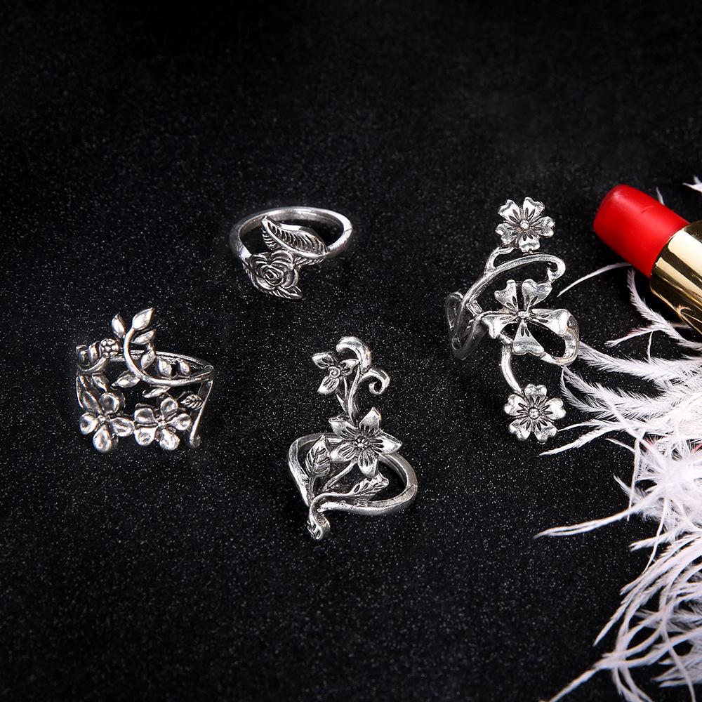 4pcs/set Antique Silver Color Vintage Bohemia Ring Set Rose Flower Rings for Women Charm Bohemia Floral Knuckle Ring