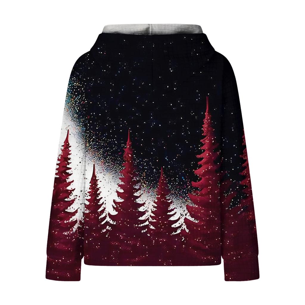 Women's Fashion Loose Hooded Pullover Long Sleeve Plaid Sweatshirt With Drawstring, Drop Shoulder, Pocket, Christmas Print Top