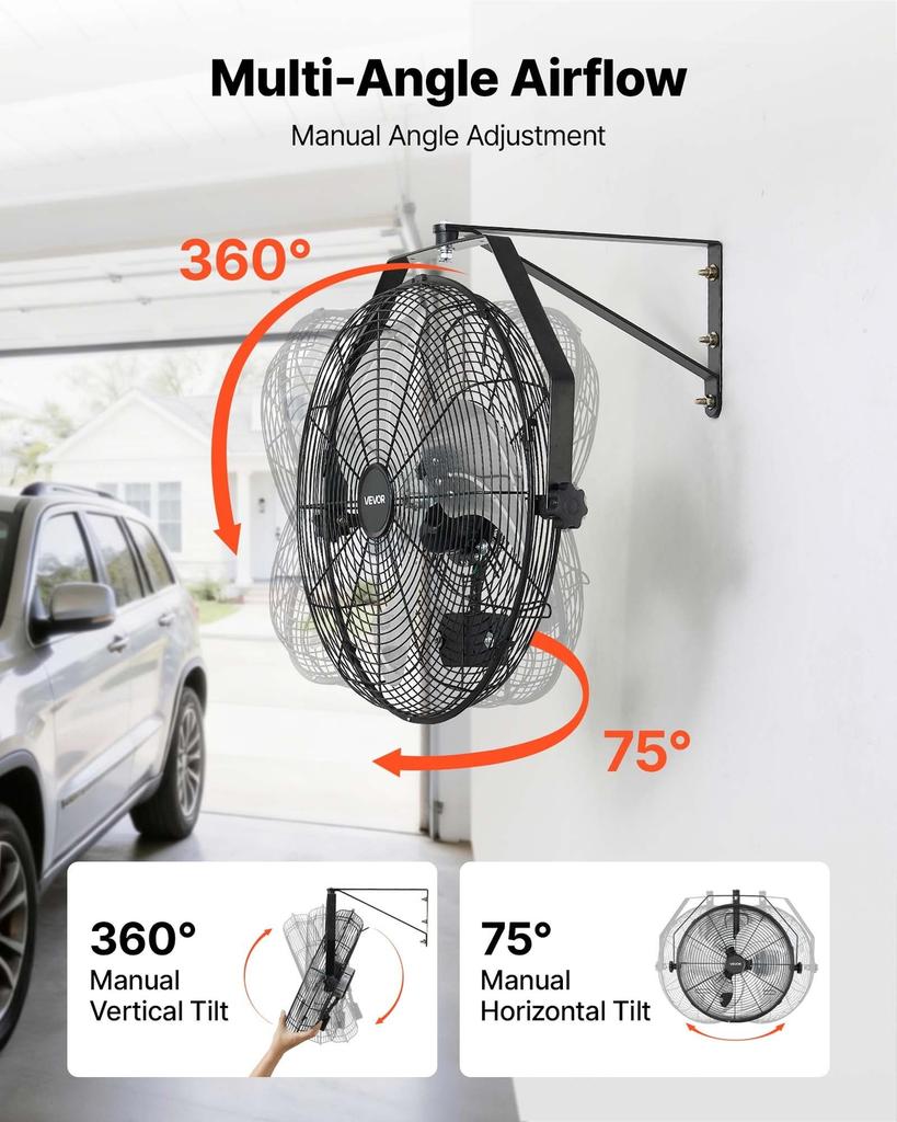 Wall Mount Fan, 450 mm Wall Mounted Hanging Fan with IP44-rated Protection, 3-Speed, Long Airflow Distance, Adjustable Rotation Angle, Powerful for