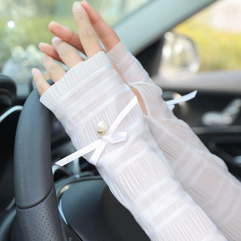 Outdoor Sun Protection Women Bow Long Ice Seeves Sun Protection Sleeves Thin Gloves Summer Pearl Sleeves Sunscreen Accessories