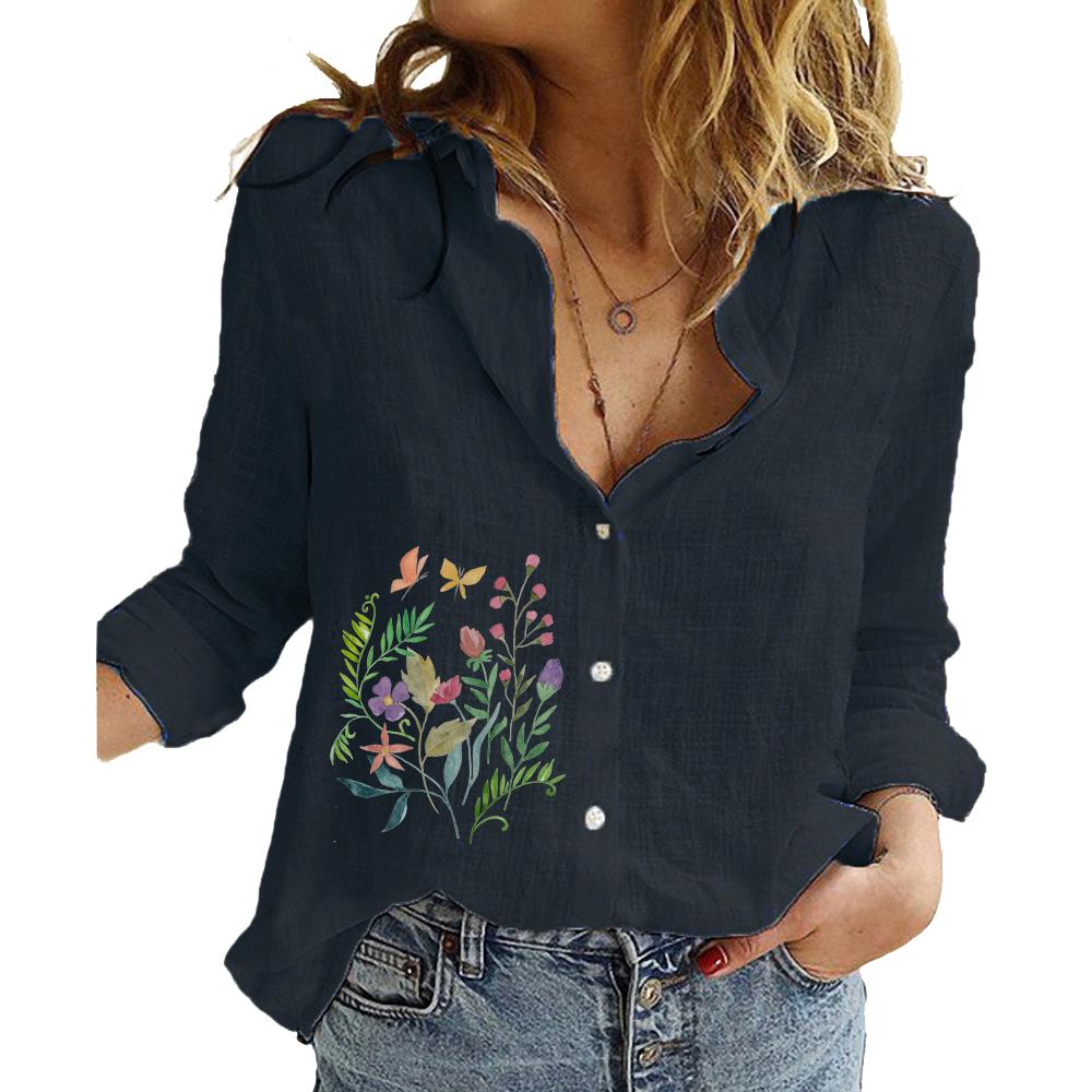 Women Lapel Neck Fashion Long Sleeve Top Cotton Linen Button-up Shirt Ladies Casual Print Blouses