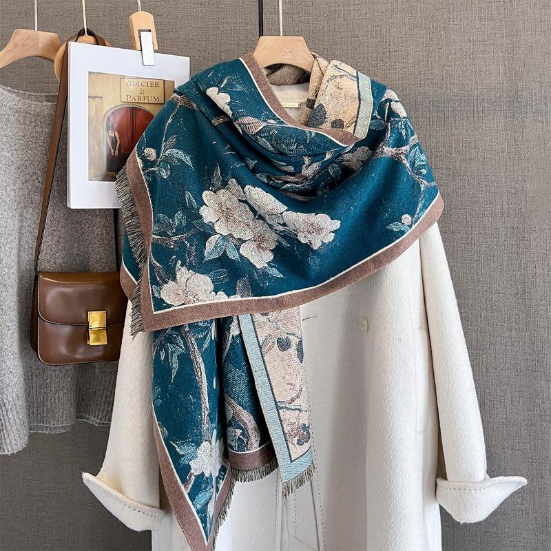 Autumn and winter new imitation cashmere plant flower print scarf women's autumn warm thickened outer shawl scarf