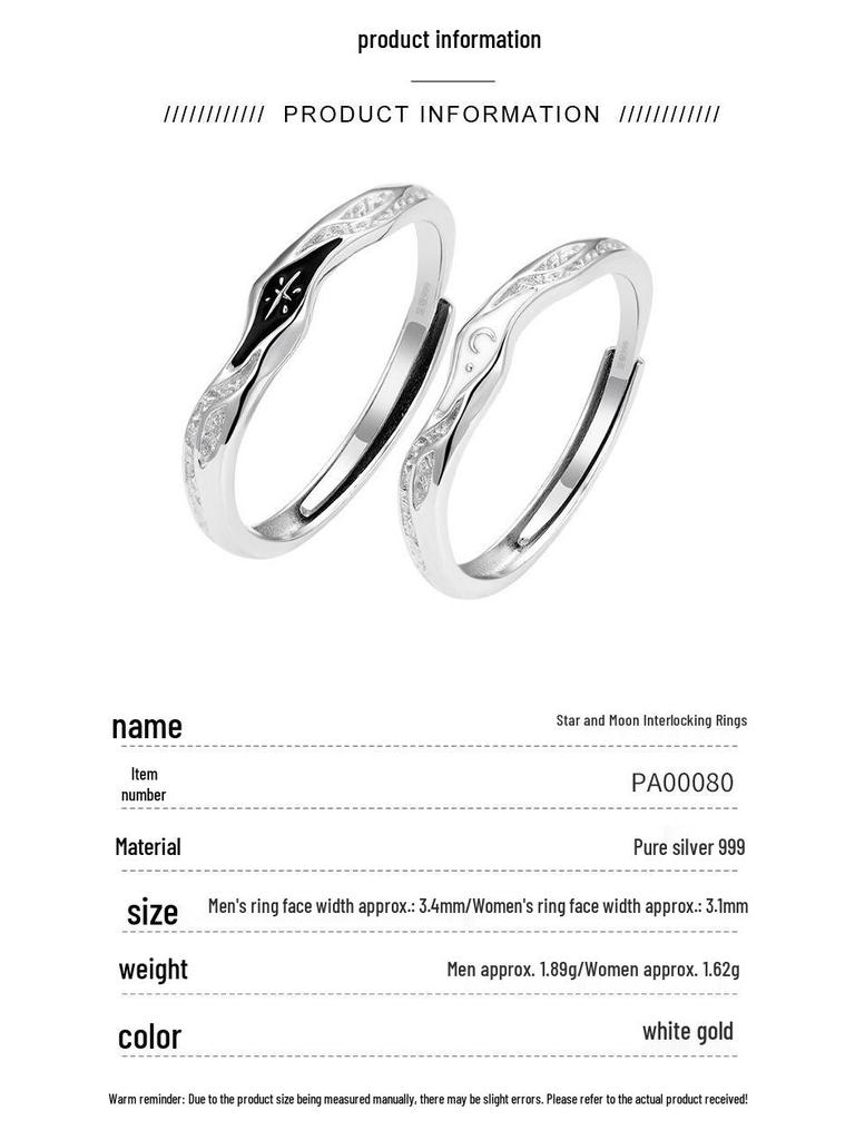 Anelli Coppia Stella & Luna in Argento Sterling 999 - Design Aperto Regolabile per Uomo & Donna
