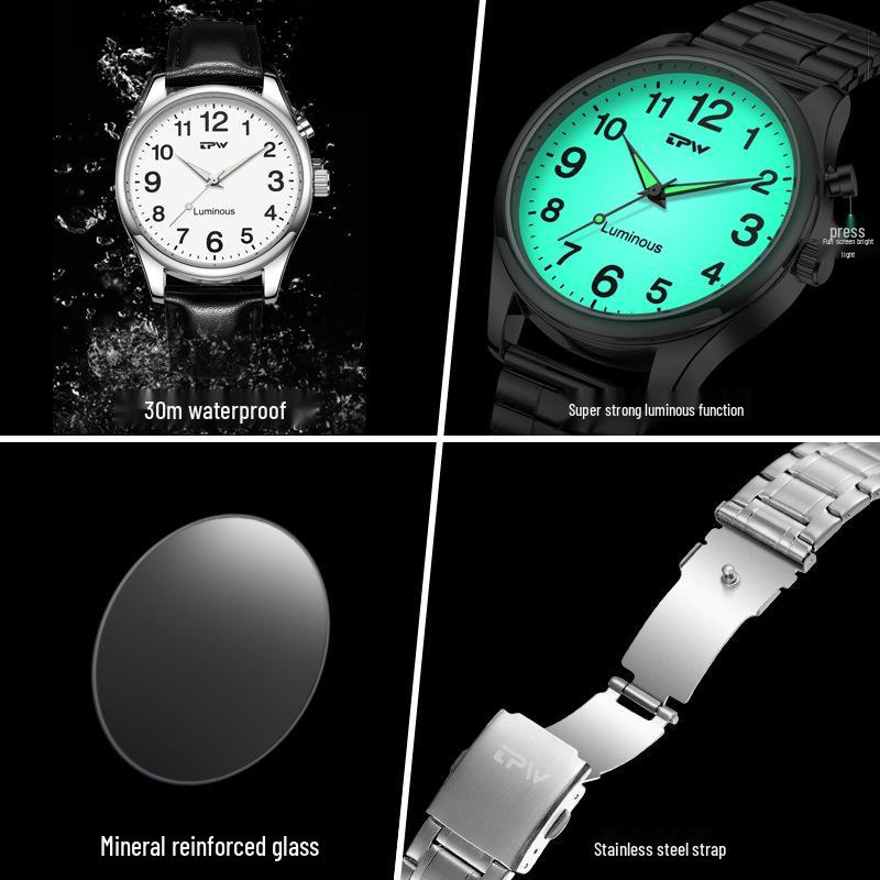 Large Dial LED Quartz Waterproof Business Watch for Elderly Men - Luminous and Stylish Timepiece