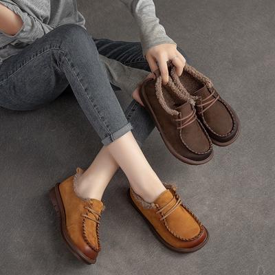 Flats Retro Round Toe Loafers Couro Genuíno Confortável Pelúcia Quente Sapatos Femininos Slip-on