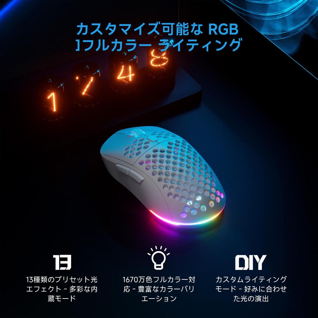 DIERYA Falcon M1 Wireless Gaming Battery 6 Customizable White Mouse, 24000DPI, 180-Hour Life, Ultra-Lightweight 90g, Buttons, RGB, 2.4G/BT5.2/USB-C