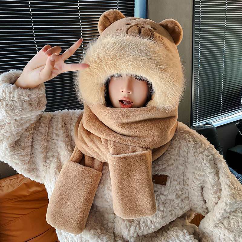 Autumn and winter new cute plush rabbit ears cat claws hat scarf three-piece set women's warm and cold ear protection cycling