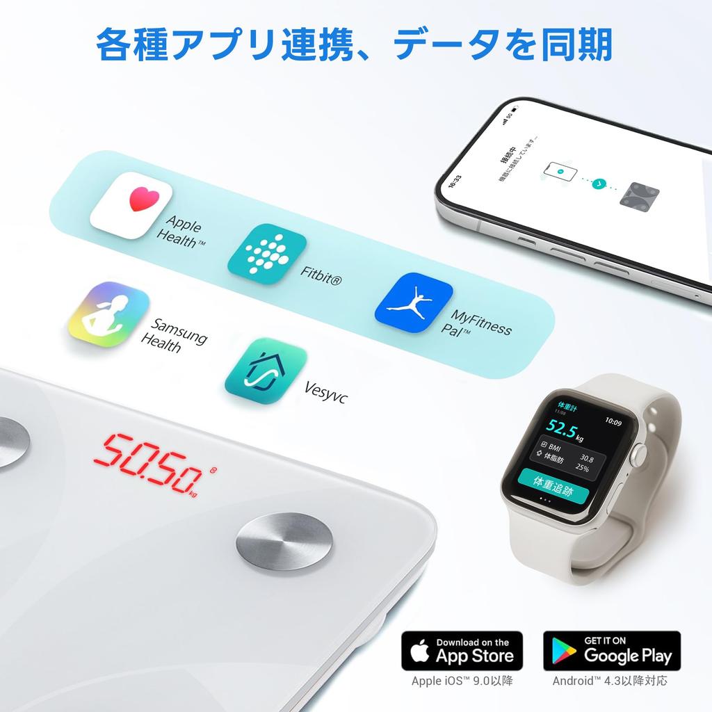Etekcity Hmotnost Složení těla Smartphone může měřit 13 2 roky kvalitního tělesného tuku Fitbit High Japonský manuál FIT8S Měřítko, měřidlo, propojené, položky,