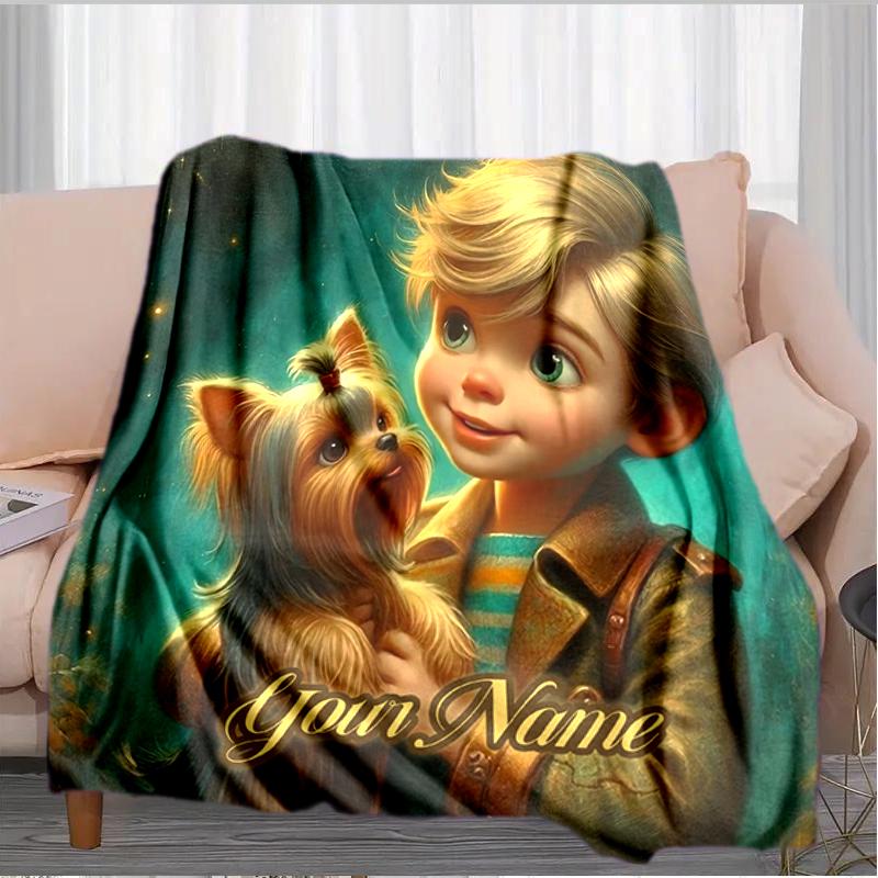 1PC Custom Name Boy Yorkshire Terrier flannel blanket versatile, all-season throw suitable for the living room, bedroom, camping, travel, and gift
