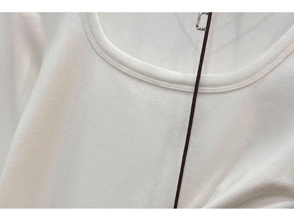 Women's U-Neck White Long Sleeve Fleece Lined T-Shirt, Slim Fit - 2024 Spring/Autumn/Winter Collection