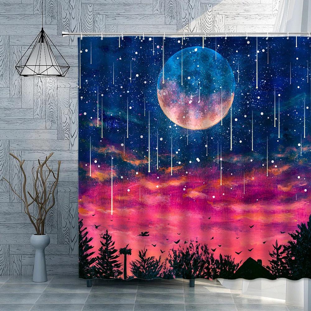 Tree Under Teal Full Moon Shower Curtain Black and Blue Foggy Forest Nature Night Sky Landscape Bath Curtain for Bathroom Decor