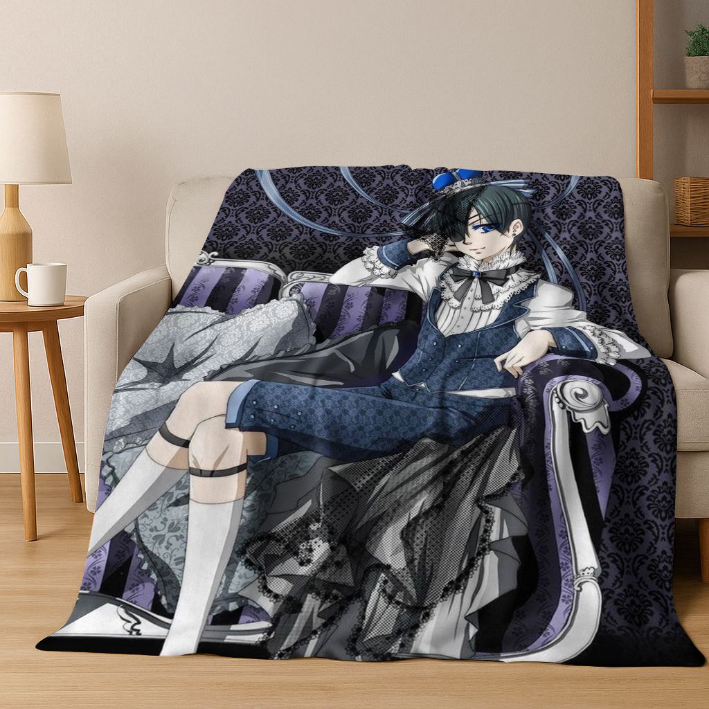 Anime Black Butler Sebastian Ciel Cartoon Cartoon Flannel Blanket,Cozy Soft Throw Blanket for Home Bedroom Bed Sofa Cover Kids