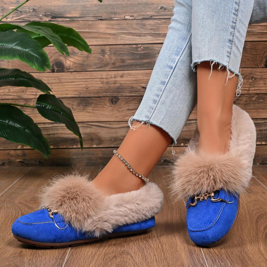 Fluffy Loafers with Decorative Buckles, Warm and Cozy for Winter, Easy Slip-On Flat Shoes for Women