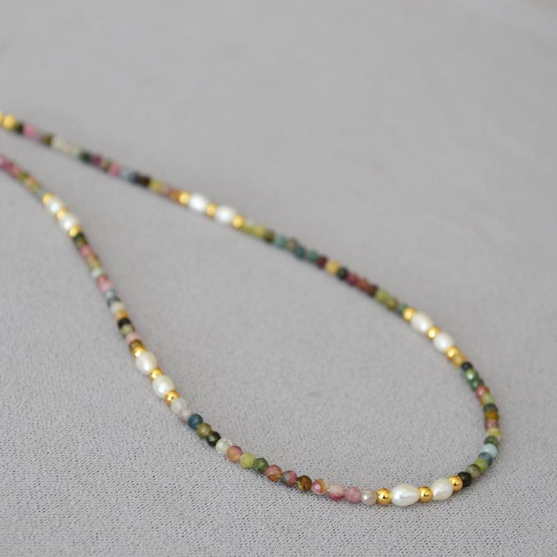 French Retro-Style Tourmaline & Freshwater Pearl Beaded Clavicle Necklace