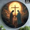 Croix Chrétienne Jésus-Christ Panneau Métallique Art en Fer Blanc Rond Décor Mural Religieux Maison Église Bar Café Man Cave Intérieur Extérieur