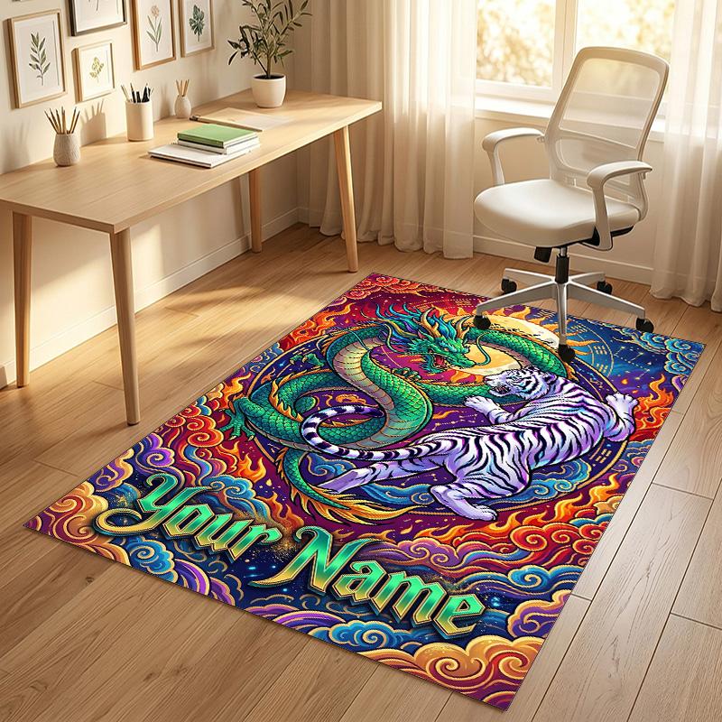 Dragon Phoenix Theme Crystal Velvet Rug Personalized Custom Name Text Soft Floor Mat Home Decor