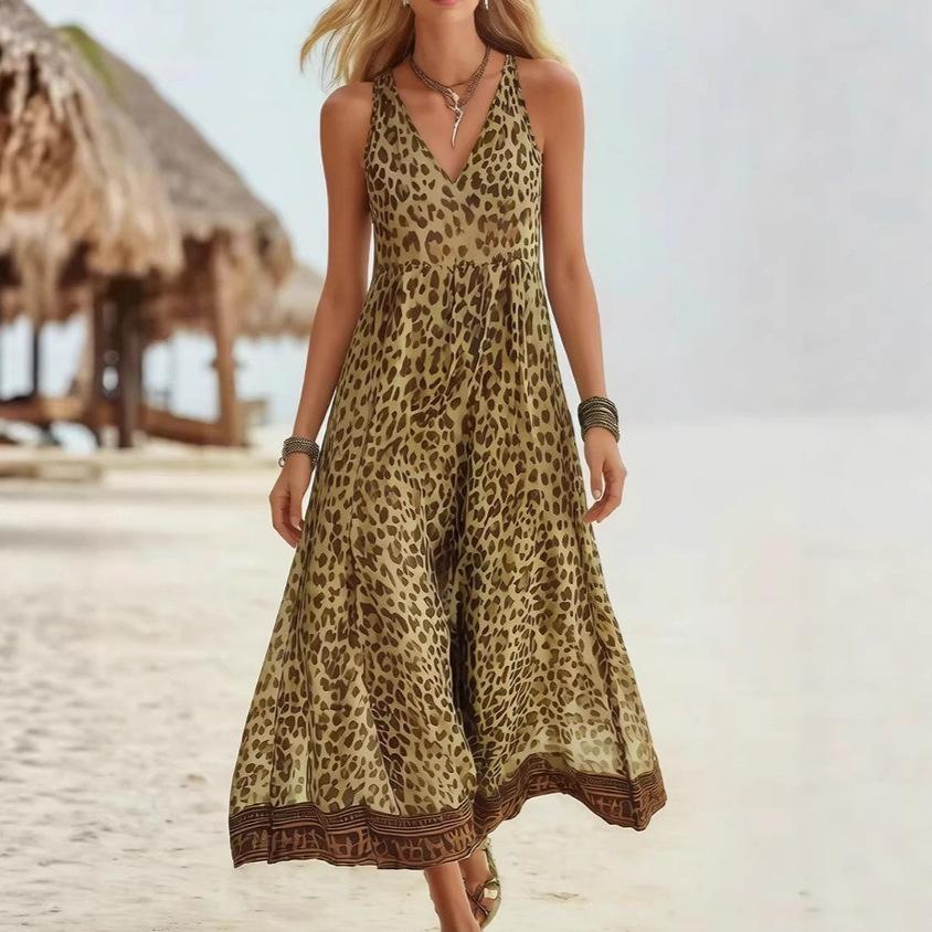 European and American new TikTok summer leopard print casual sleeveless V-neck dress women
