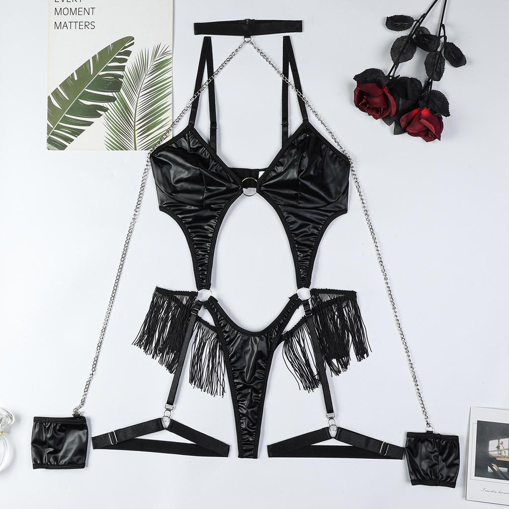 Body Fetish Sexy Nero Pelle PU Lingerie Porno Manette Frange Bambola Sessuale Corpo Sensuale Scollo a Catena Pancia Scoperta Kit Danzatrice del Ventre Alta Qualità
