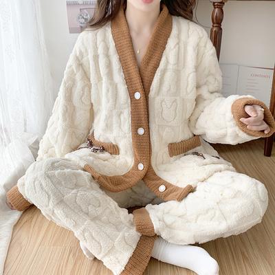 Großgröße Herbst Winter Damen Warmes Pyjama-Set Hauskleidung Nachtwäsche Damen Flanell Dick Korallenfleece Übergröße Woll-Pyjama Plüsch Korallen Samt