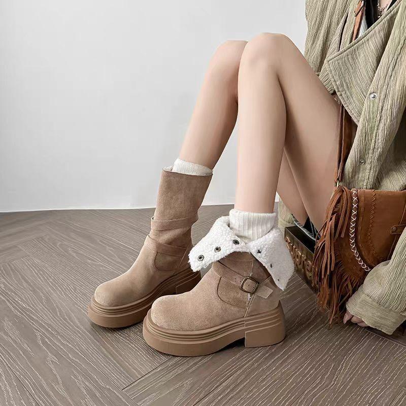 Thick-soled Velvet Martin Boots for Women's Autumn and Winter New Warm Snow Boots Retro Heightening Long Tube