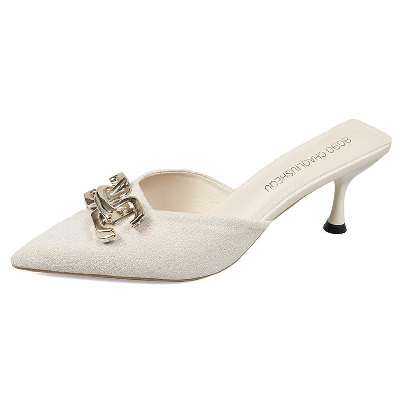 

Fashion New Summer Women Sandals Shoes Fashion Metal Chain Flats Pointed Toe Women s Slippers Ladies Casual Shoes Outside Slides 34 бежевый