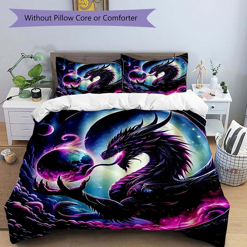 

3pcs Galactic Dragon with Flames and Whiskers Pattern Bedding (No Fillings), Soft and Comfortable, Suitable for Bedrooms and Guest Rooms.J055 135x200cm