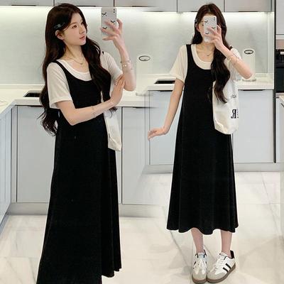 Stylish 2026 Summer Maternity Dress - Faux Two-Piece, Conceals Pregnancy