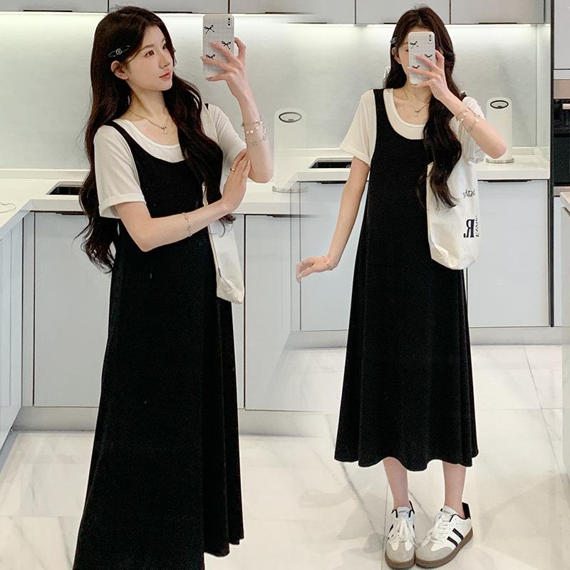 Stylish 2026 Summer Maternity Dress - Faux Two-Piece, Conceals Pregnancy