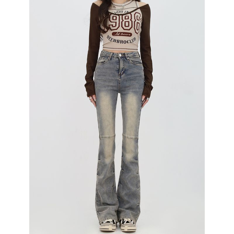 

Fashion Vibe Micro-Pull Sexy Denim Female Spring & Fall High Waist Elastic Slim Fit Slimming Ruffle Straight-Leg Trousers Blue(Collectible baby belt) L