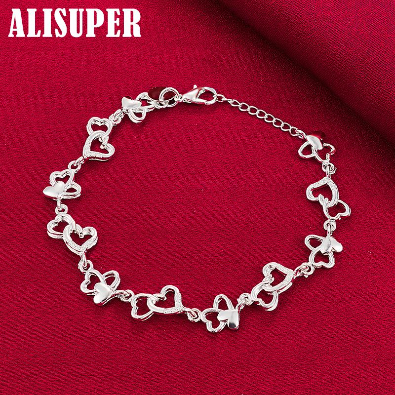 925 Sterling Silver FULL Heart AAA Zircon Chain Bracelet Jewelry