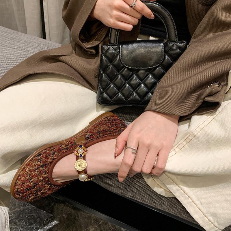 Badge Buckle Ballet Shoes Women's Single Shoes Flat Leather Mary Jane Shoes