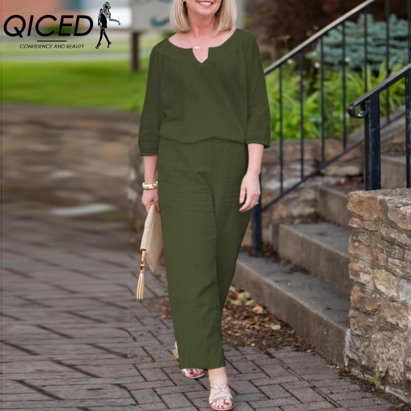 

QICED Женский повседневный комплект больших размеров с пуговицами, рукавом средней длины, карманом, однотонный, хлопковый топ с V-образным вырезом и брюки XXXXL армия зеленый